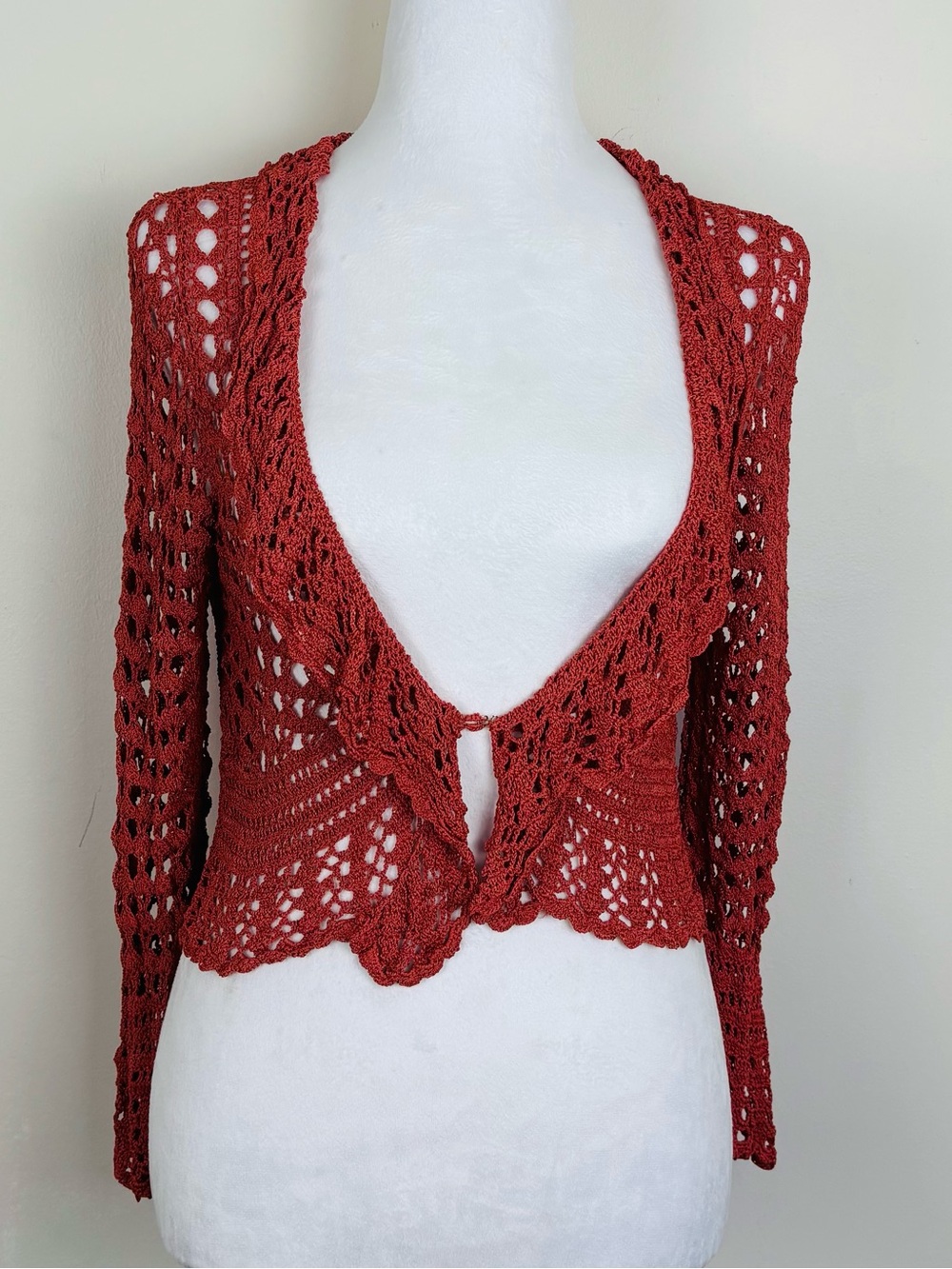 Handmade dark terracotta orange colored cropped crochet sweater. Small
